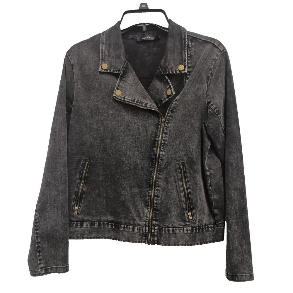 Doe & Rae Womens Moto Jacket‎ Small Black Denim Zip Up Streetwear Grunge